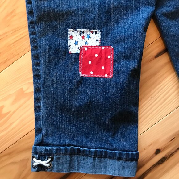 Upcycled Patchwork Jean Capris: Patriotic Theme Cropped Pants 4th of July, 12P - Picture 7 of 12